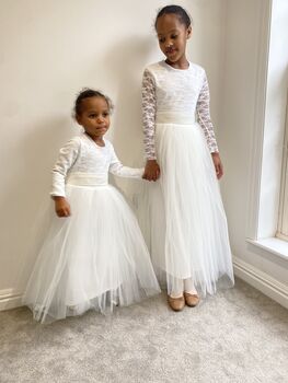 Long Sleeve Lace Flower Girl Dress – Heart Back Tulle Dress For Communion And Christening, 6 of 12