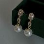 Pearl Drop Bezel Set Moissanite Drop Earrings In 14k Gold Sterling Silver, thumbnail 5 of 12