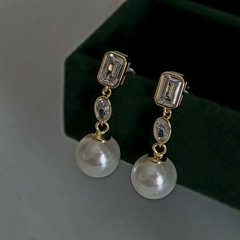 Pearl Drop Bezel Set Moissanite Drop Earrings In 14k Gold Sterling Silver, 5 of 12