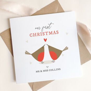 Personalised Our First Christmas As A Married Couple Card: Robins With Red Heart Design, 5 of 5