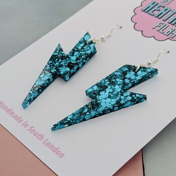 Teal Glitter Large Lightning Bolt Resin Earrings, 4 of 4
