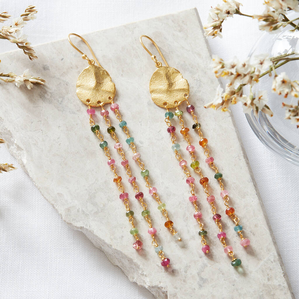 Tourmaline Gold Plated Silver Beaded Drop Earrings, 1 of 10
