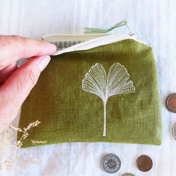 Embroidered Linen Ginkgo Leaf Purse, 3 of 4