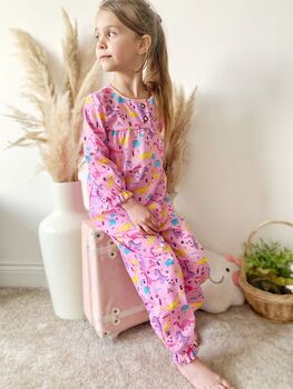 Girls Pink Dinosaur Cotton Pyjama Set Long, 3 of 6