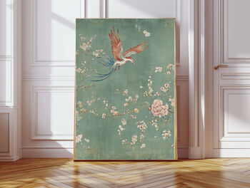 Set Of Two Chinoiserie Pastel Green Floral Bird Art Prints, 4 of 4
