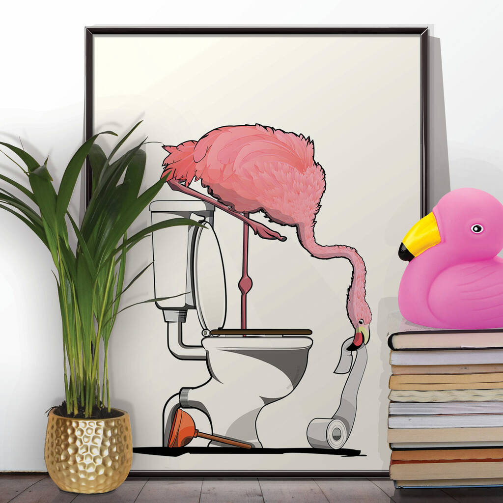 Flamingo On The Toilet Poster. Funny Safari Print, 1 of 6
