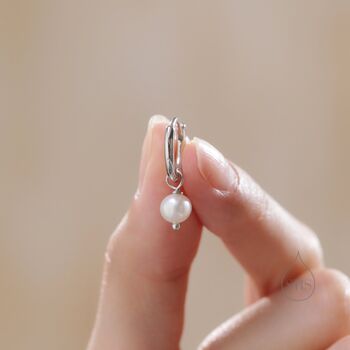 Sterling Silver Genuine Freshwater Pearl With Skinny Hoop Earrings, 4 of 11