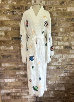 Long Organic Cotton Robe: White With Multi Coloured Mini Eye, 6 of 7