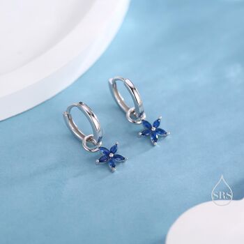 Sapphire Blue Flower Cz Huggie Hoop In Sterling Silver, 2 of 12