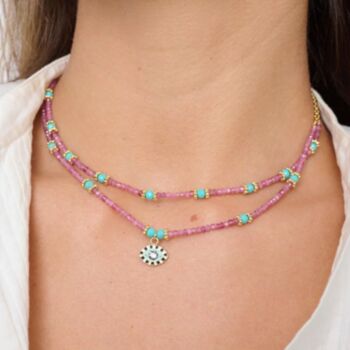 Syros Pink Tourmaline Turquoise Gemstone Necklace, 4 of 5
