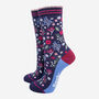 Christmas Floral Holly Mistletoe Bamboo Ankle Socks Women's Navy, thumbnail 1 of 4