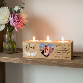 Solid Oak Memorial Photo And Angel Wings Triple Candle Tealight Holder, 2 of 3