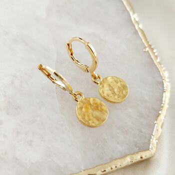 Hammered Disc Gold Plated Huggie Hoops, 5 of 6