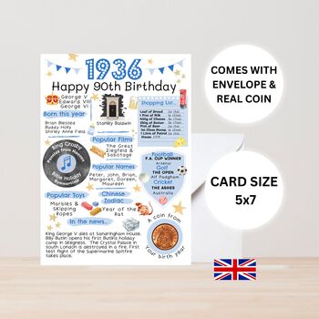 90th Birthday Card With 1936 Coin And Envelope Choose Your Colour, 2 of 3