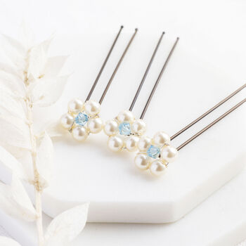 Set Of Three Something Blue Pearl Flower Hairpins, 4 of 6