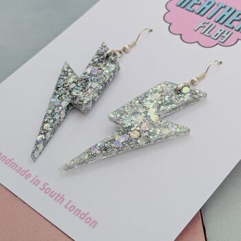 Silver Glitter Lightning Bolt Earrings Small And Large, 4 of 10