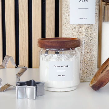 Slim Storage Jar With Acacia Wood Lid And Personalised Label, 5 of 9