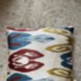 Square Ikat Silk Cushion Abstract Multi Coloured Yellow, Blue, Burgundy, thumbnail 5 of 9