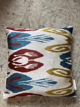 Square Ikat Silk Cushion Abstract Multi Coloured Yellow, Blue, Burgundy, 5 of 9