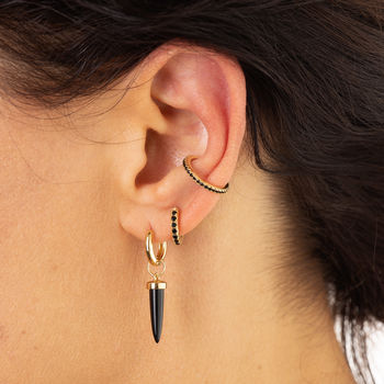 Huggie Hoop Earrings With Black Stones, 4 of 10