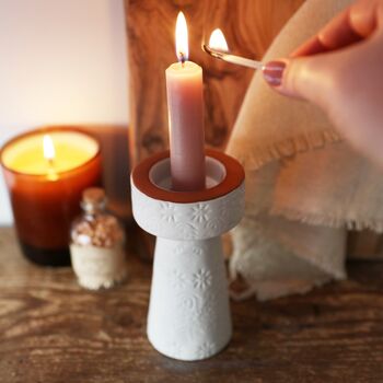 Stamped White And Terracotta Candlestick Holder, 6 of 10