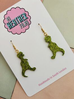 Green T Rex Dinosaur Glitter Resin Earrings / Dinosaur Lover Gift / Prehistoric Statement Jewellery / Cute Accessories, 5 of 5
