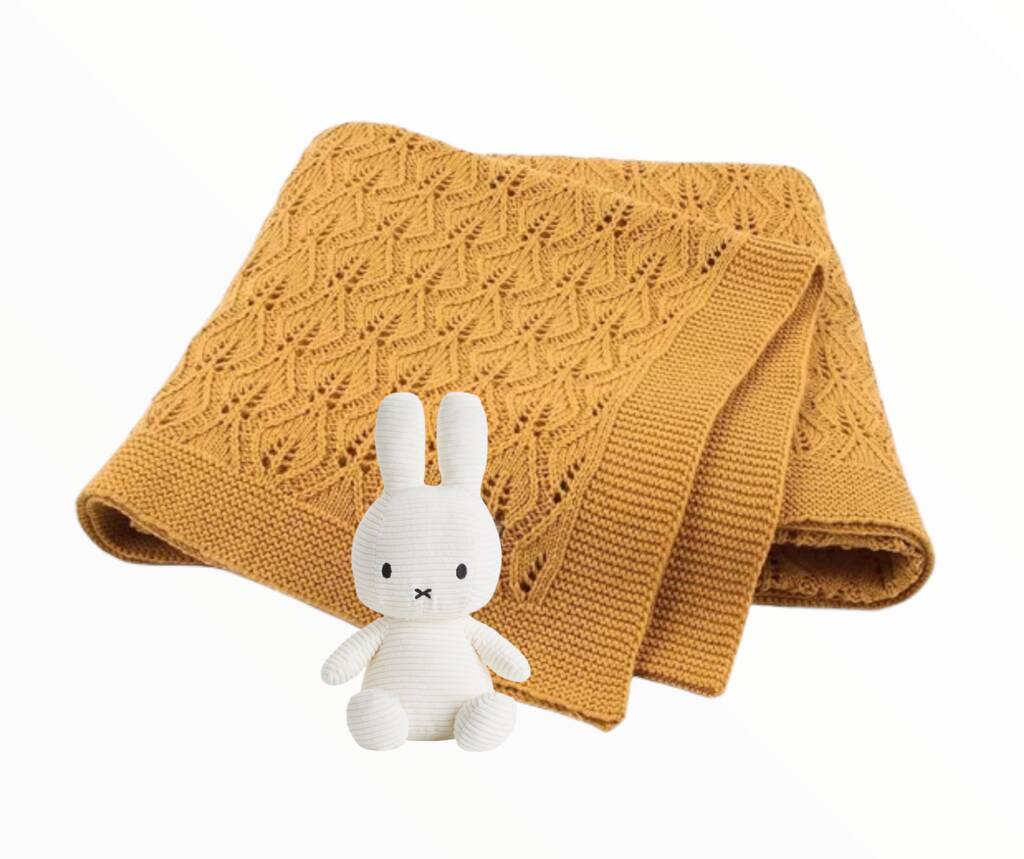 Ochre Pure Cotton Leaf Knitted Cellular Baby Blanket By BabyBells