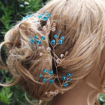 Blue And Blush Pink Crystal Bridal Hair Vine, 7 of 9