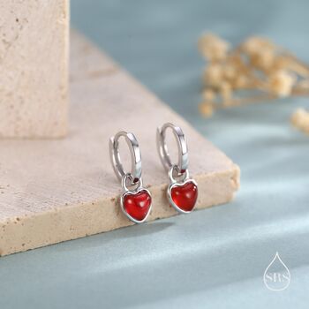 Sterling Silver Natural Red Onyx Heart Dangle Huggie Hoop Earrings, 2 of 11