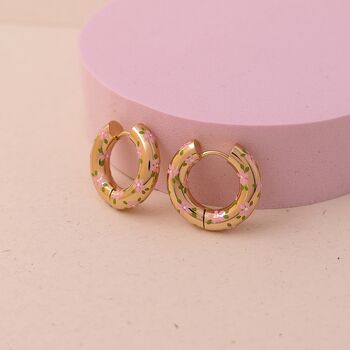 Pink Daisy Flower 18ct Gold Plated Chunky Hoop Earrings, 3 of 5