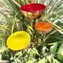 Set Of Three Copper Rain Catchers – Tangerine, Green And Red Garden Sculpture On Curved Iron Pole, thumbnail 2 of 4