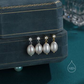 Sterling Silver Genuine Freshwater Pearl And Cz Drop Earrings, 6 of 10