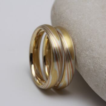 Handmade 18ct Gold Mokume Gane Wedding Ring Set, 3 of 4