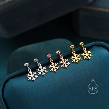 Sterling Silver Minimalist Snowflake Dangle Stud Earrings, 2 of 11