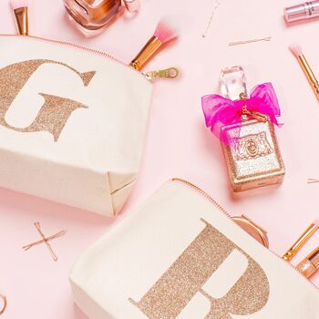 Personalised Initial Rose Gold Glitter Makeup Bag, 6 of 12