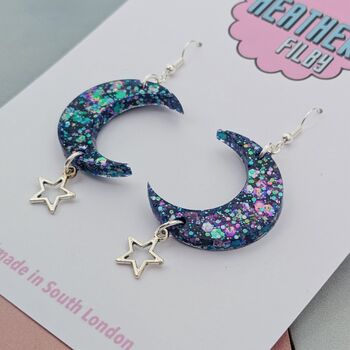 Sparkly Moon And Star Glitter Resin Earrings, 4 of 8