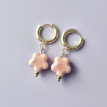 Handmade Pink Ceramic Flower Huggie Hoop Earrings, 2 of 4
