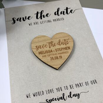 Save The Date Heart Wooden Magnet Wedding Invitation, 8 of 9