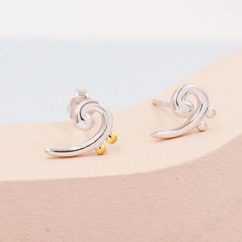 Bass Clef Music Note Stud Earrings In Sterling Silver, 2 of 11