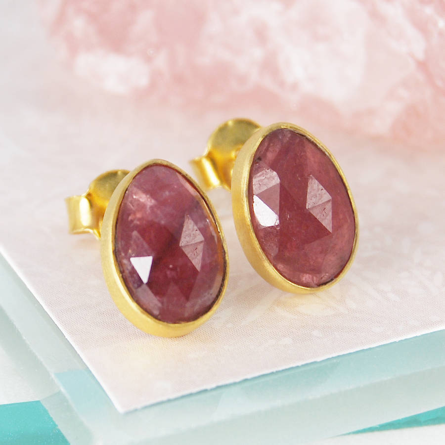 organic gold ruby birthstone stud earrings by embers gemstone jewellery