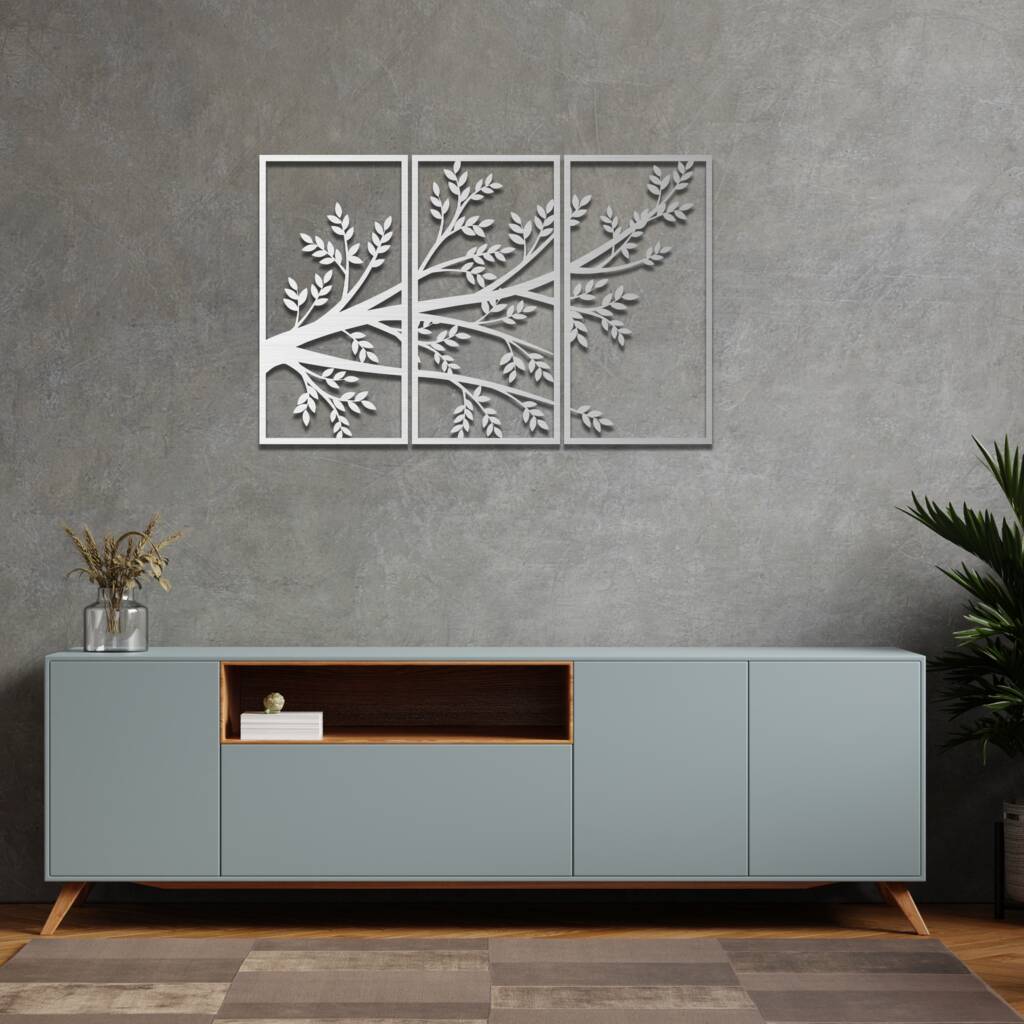 Three Panel Set Framed Wood Tree Branch Wall Art Decor By Duke Craft