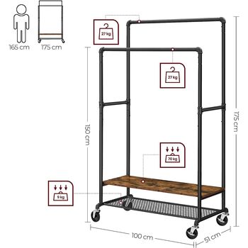 Double Clothes Rail Clothes Rack Hanging Rail On Wheels, 9 of 9