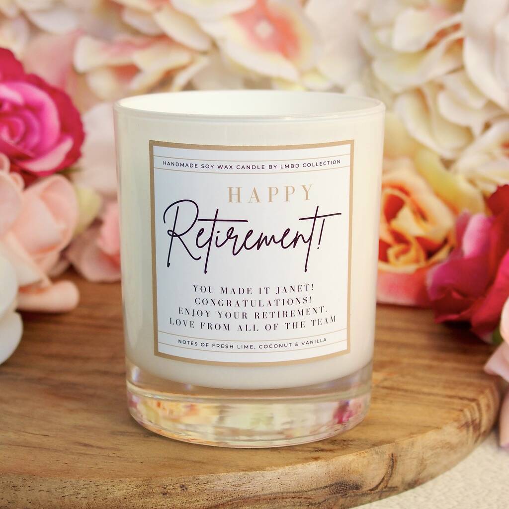 Retirement Gift, Happy Retirement Candle By L&M Bespoke Designs