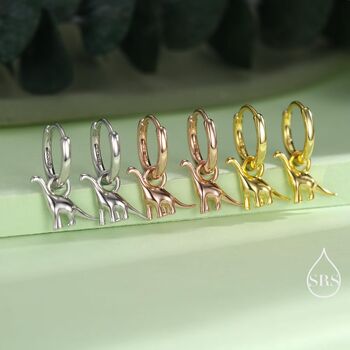 Sterling Silver Dinosaur Huggie Hoop Earrings Brachiosaurus, 3 of 11
