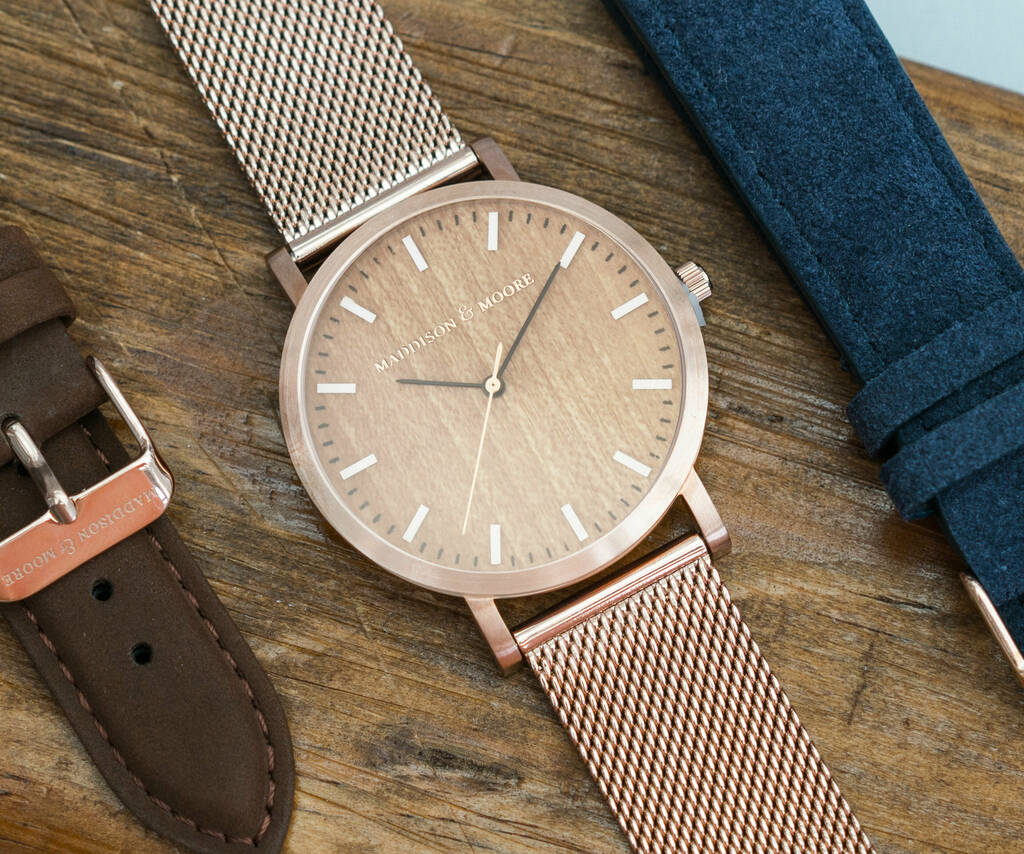 Classic Rose Gold Stainless Steel Unisex Wood Watch, 1 of 10