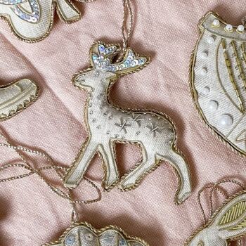 Luxury Irish Linen Festive Reindeer Christmas Tree Decoration, 6 of 9