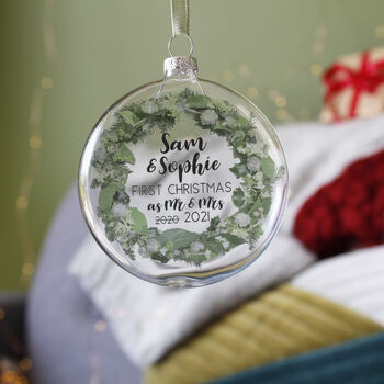 Almost Mr And Mrs Wreath Christmas Bauble, 5 of 9