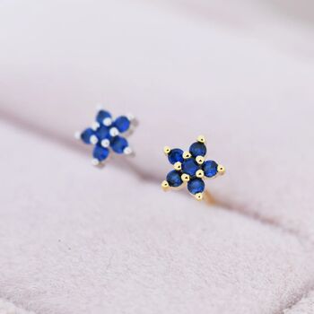 Sterling Silver Sapphire Blue Flower Cz Stud Earrings, 3 of 12