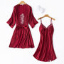 Burgundy Silk Satin Suspender Pajamas Two Piece Set, thumbnail 4 of 6