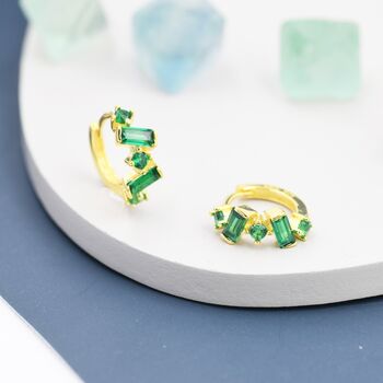 Emerald Green Cz Baguette Huggie Hoop Earrings, 5 of 11